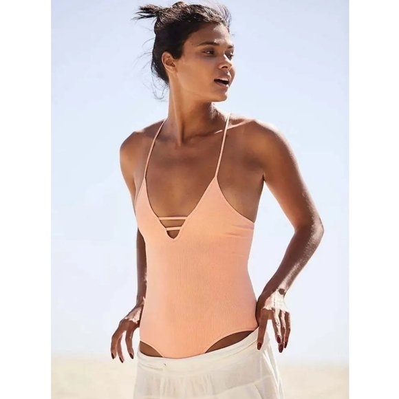 New Free People Movement Dance All Day Coral Peach Bodysuit Medium/Large - Picture 1 of 6